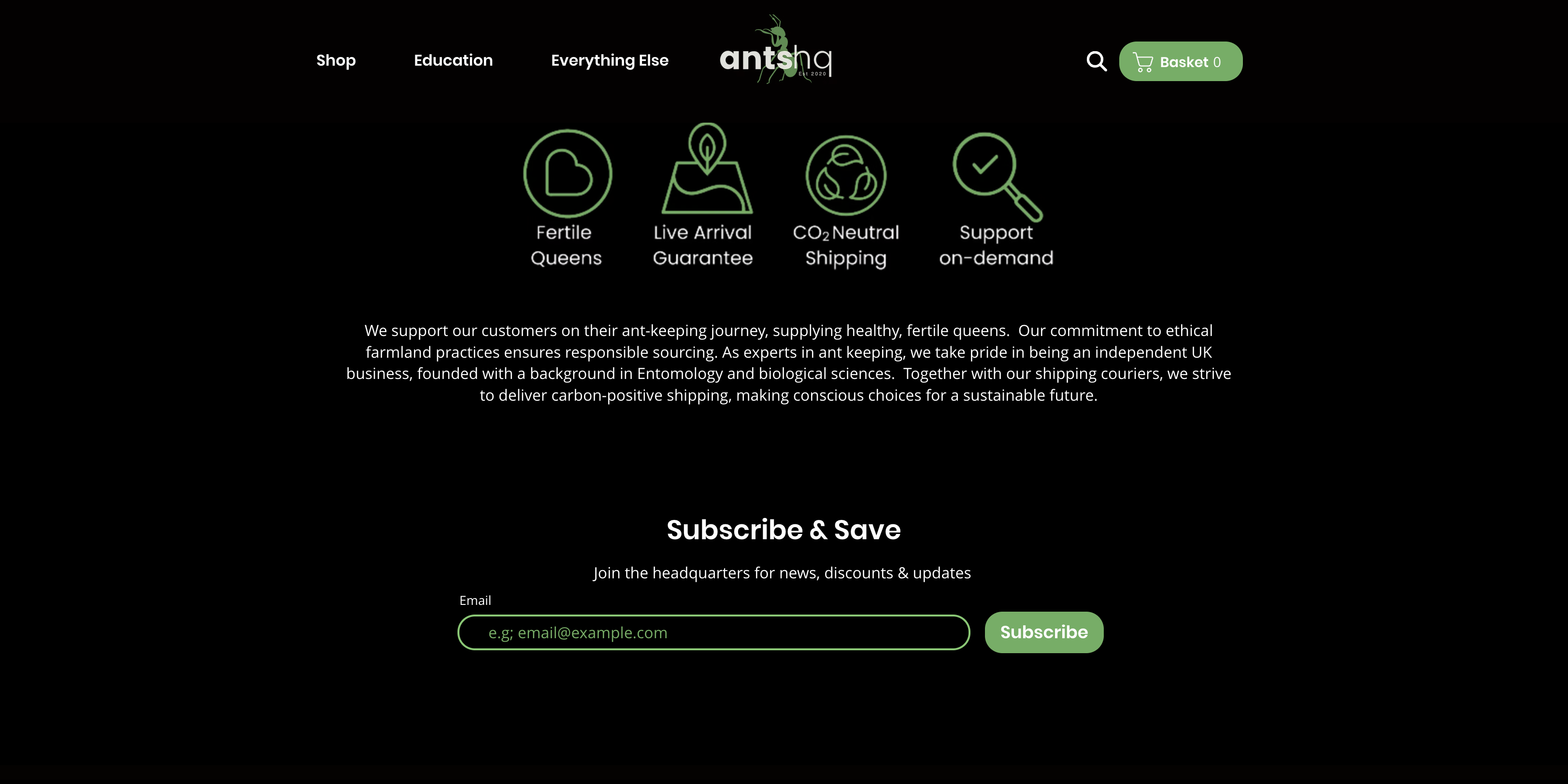 Original Ants HQ call-to-action section featuring ant-keeping service information, benefits and newsletter subscription