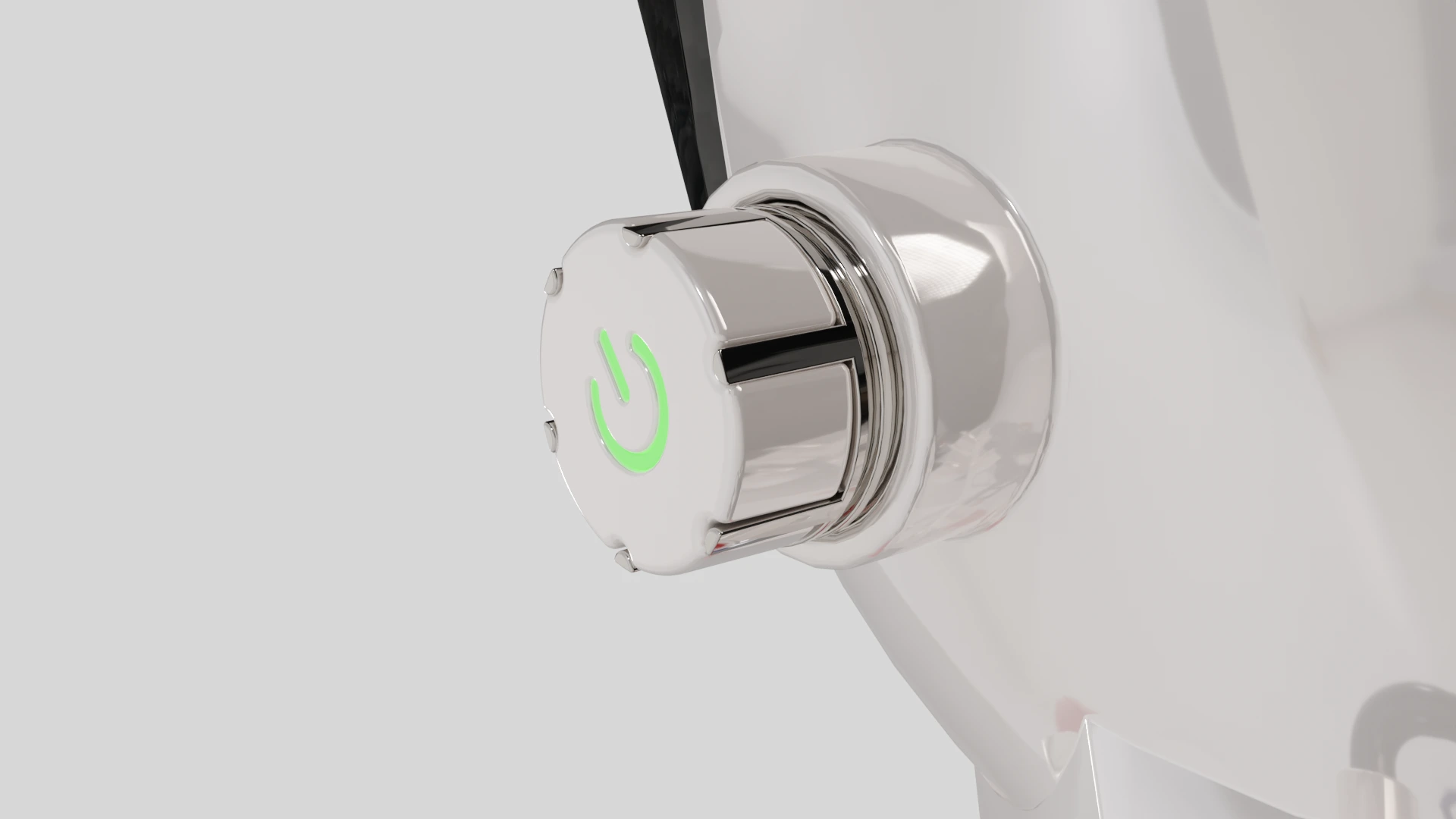 CGI close-up of the polished circular control with its illuminated green power symbol