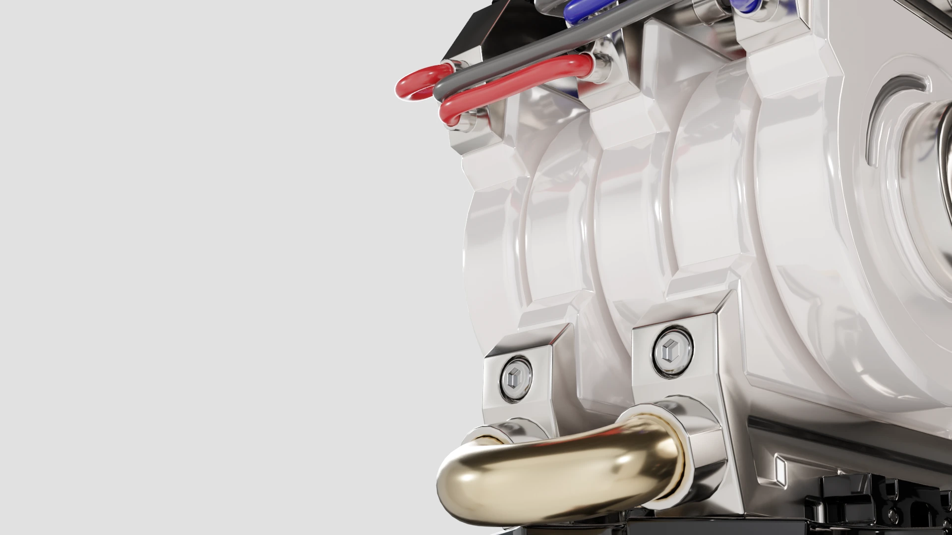 Wide 3D render of the prosthetic knee joint, shiny housing, fasteners and red tubing