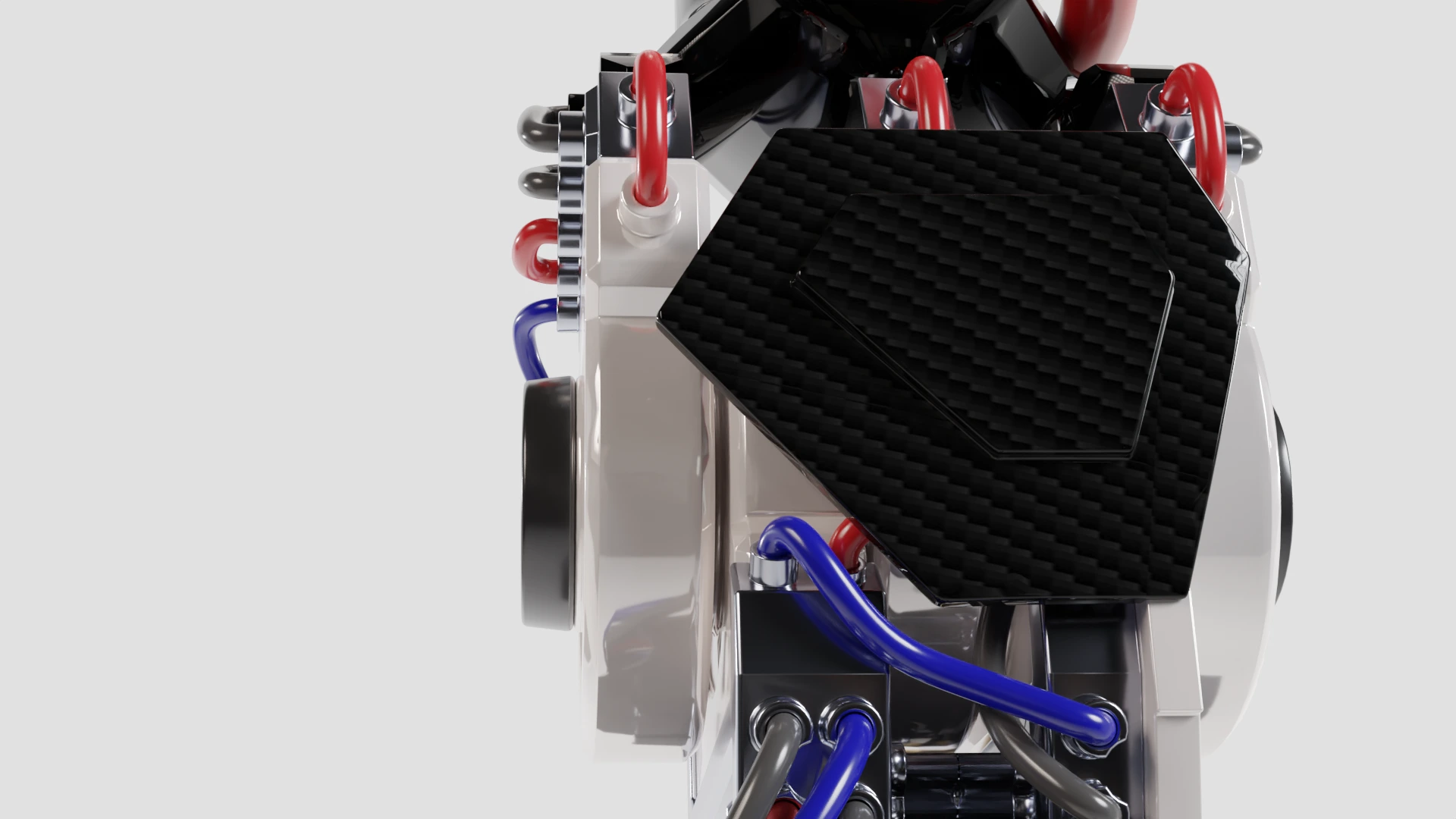 CGI close-up of the carbon-fibre knee housing, red and blue tubing and metal mounts