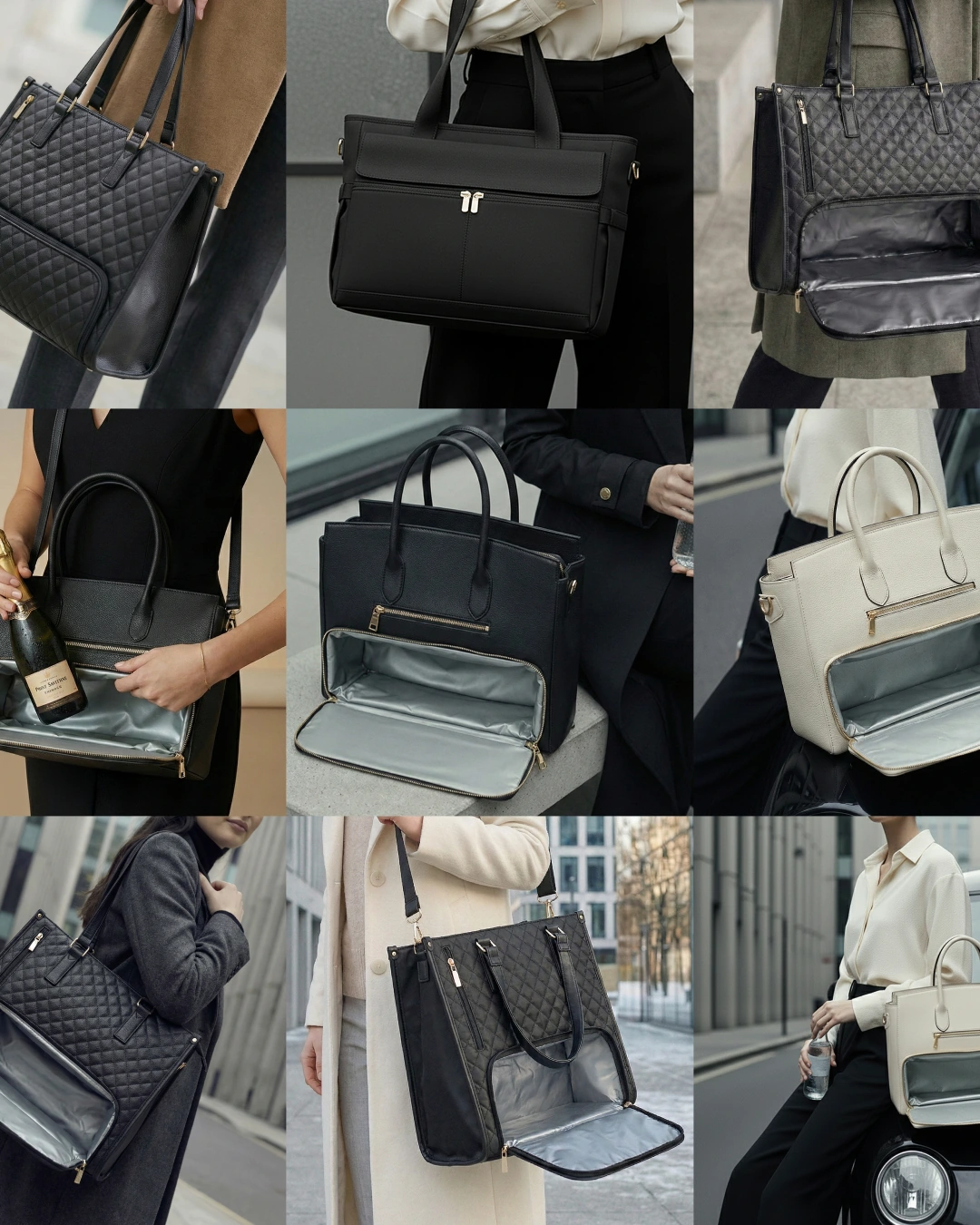 Nine lifestyle images showing Busy Bag Co. handbags, exterior details and open insulated compartments