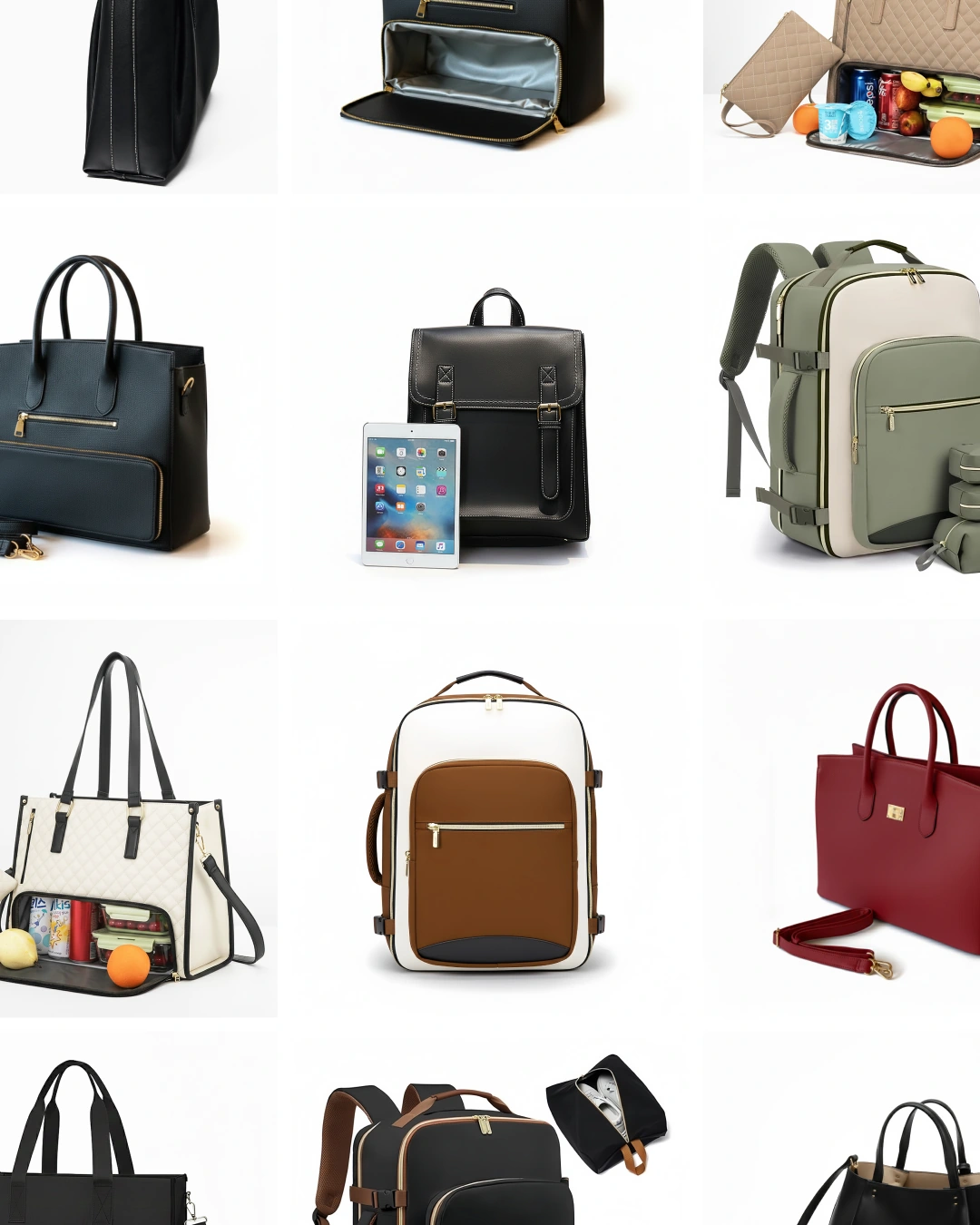 Studio product grid of Busy Bag Co. handbags, totes and backpacks on white backgrounds