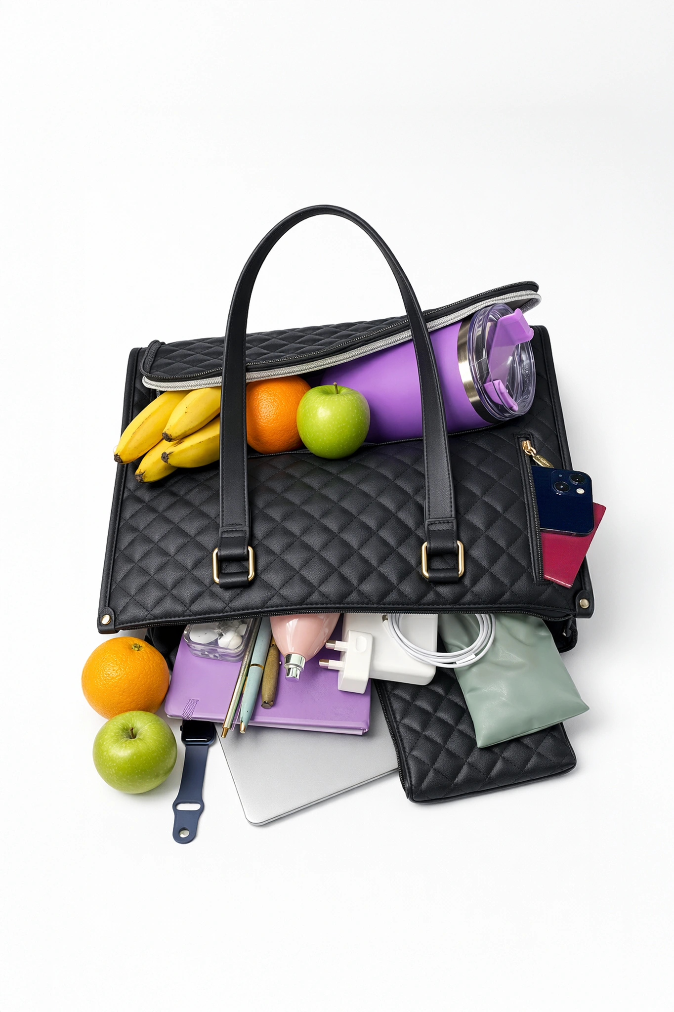 Open quilted Busy Bag Co. carryall showing everything it can hold