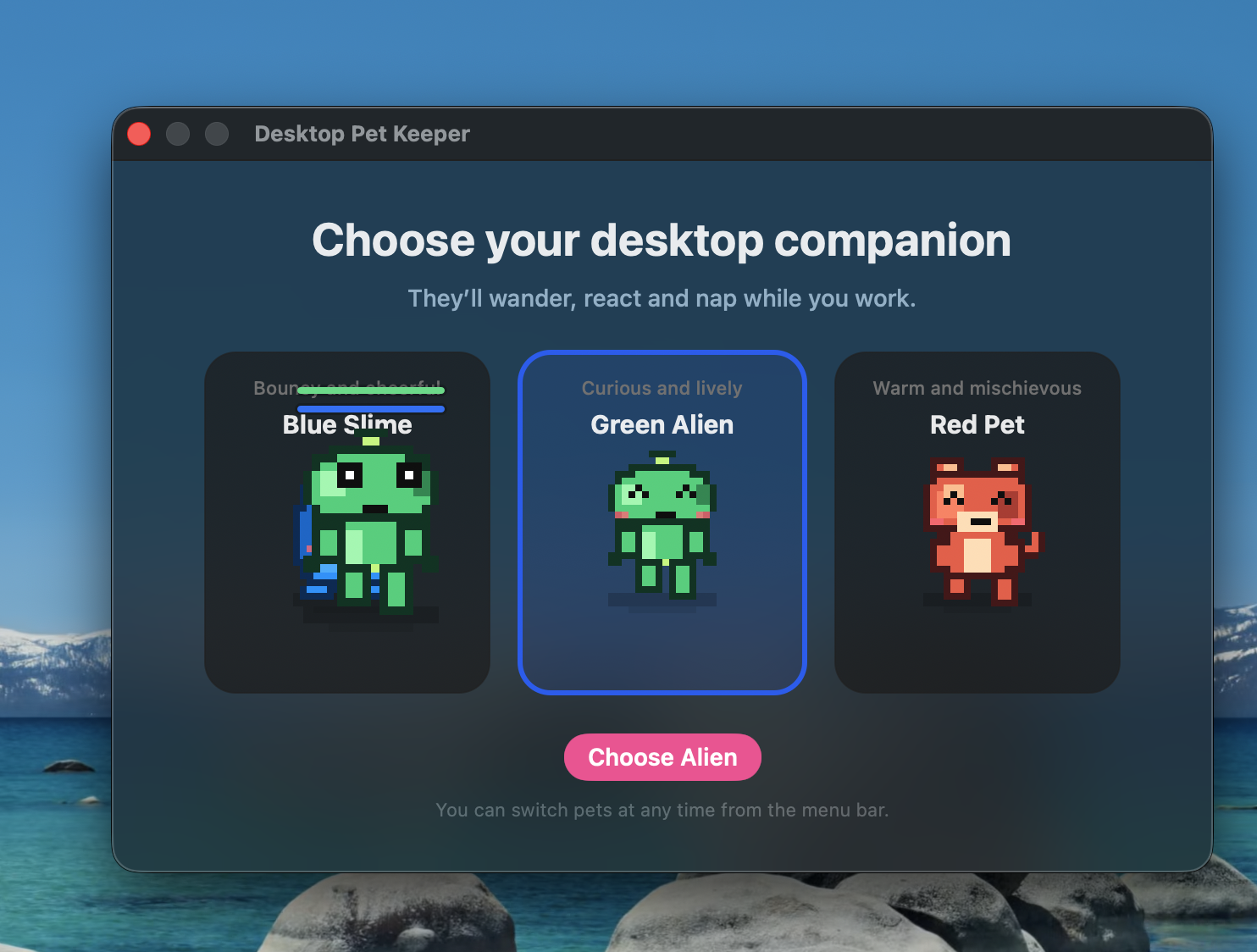 Desktop Pet Keeper companion selection screen