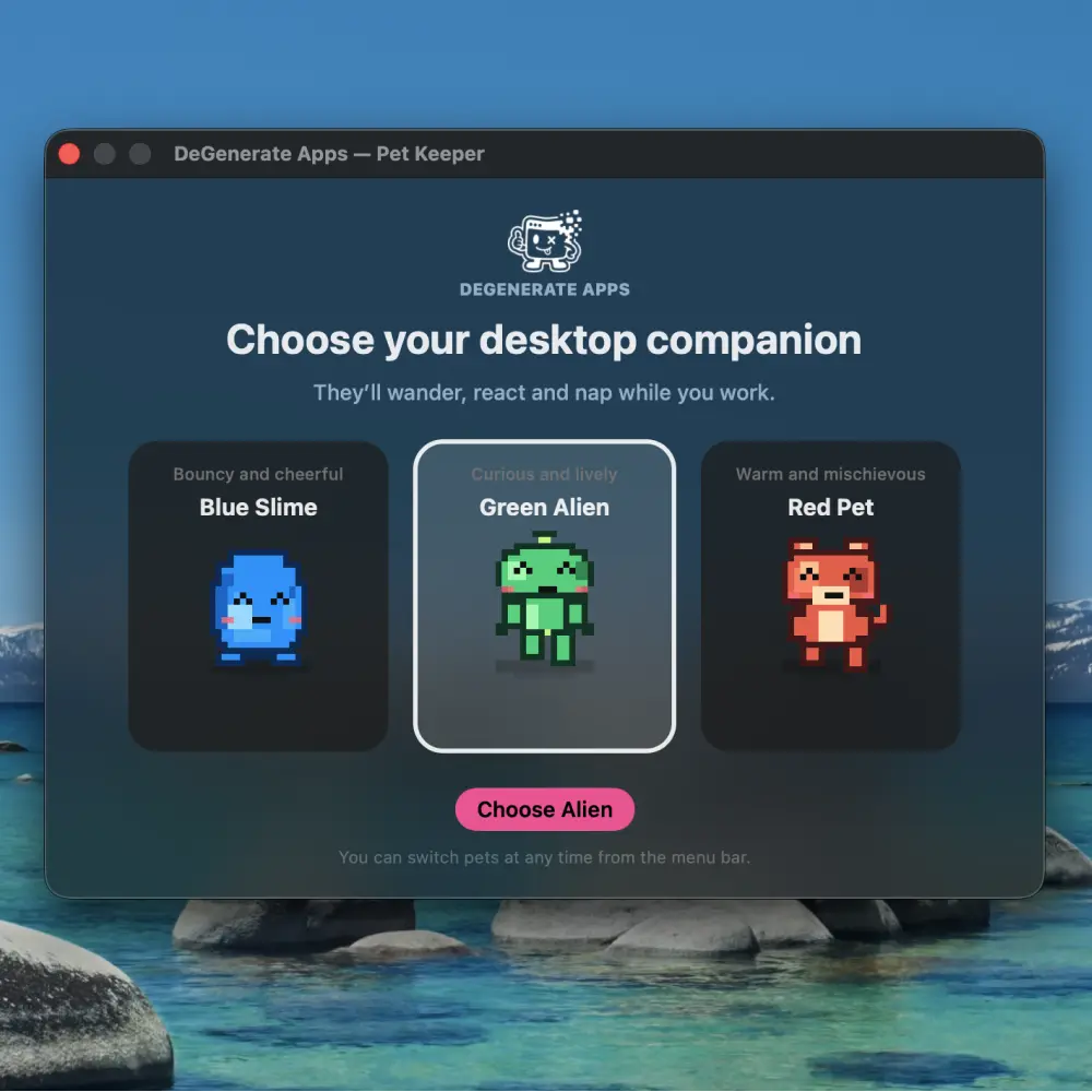 DeGenerate Apps desktop pets character chooser concept